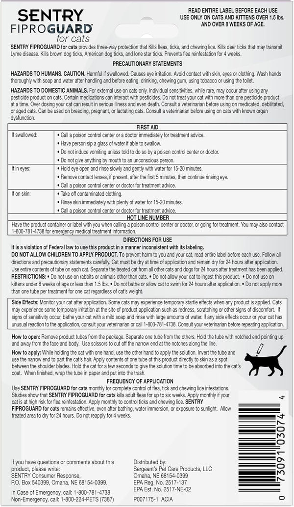 Sentry Fiproguard Flea & Tick Cats 1.5 lbs+, Fipronil, 6-Month | Ideal for Cats & Kittens 1.5 lbs+; Kills Fleas, Ticks & Chewing Lice for 30 Days;