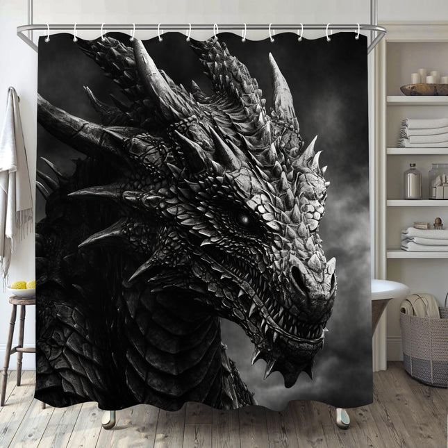 Dragon Shower Curtain for Bathroom, Black and White Boho Shower Curtain Set, Ani