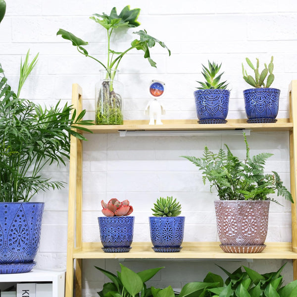 Gepege Succulent Pots, 4 Inch Small Indoor Ceramic Planter Pot with Drainage Holes and Saucers for Plants- Blue - Set of 4 4 Inch - Set of 4 Blue