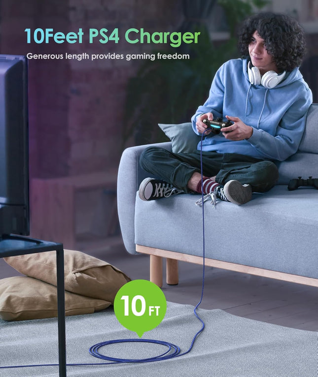 6Amlifestyle PS4 Controller Charger Charging Cable, 2 Pack 10Ft Extra Long Micro USB 2.0 Cable, Nylon Braided Cord, for 