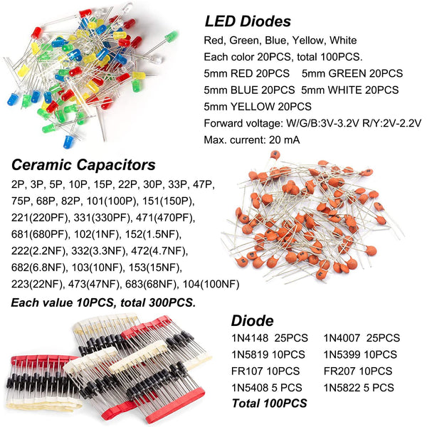 1400Pcs Basic Electronics Component Assortment Kit, Electrolytic Capacitor, Ceramic Capacitor, LED Diode, Common Diode, Resistor, Transistor