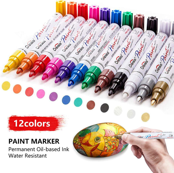 TFIVE 12 Colors Paint Pens Paint Markers, Oil Based Permanent Markers 1 Count (Pack of 12)