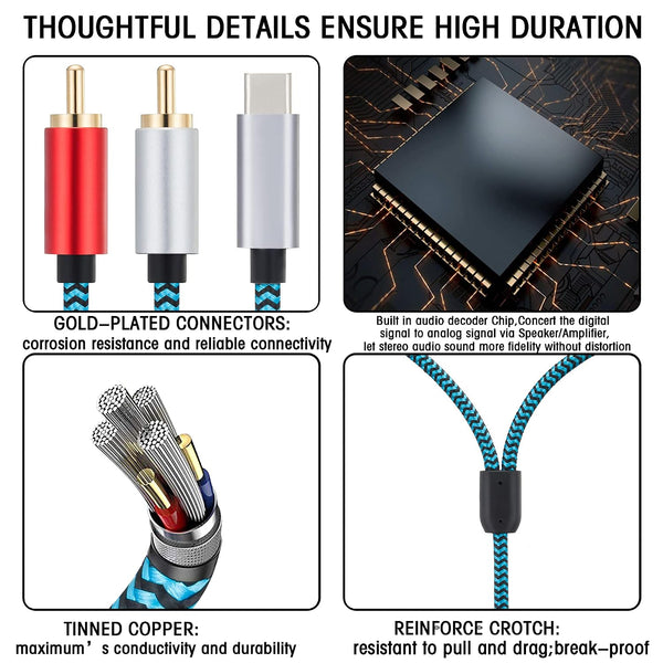 USB C to RCA Audio Cable 6.6FT, Type-C to 2 Male Y RCA Splitter, RCA to USB C Adapter Compatible with iPhone 16 15 Pro Max iPad Air Samsung Galaxy