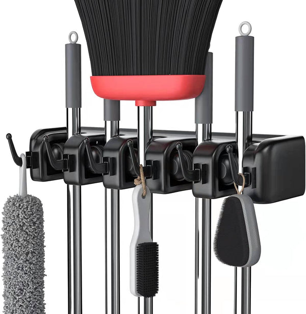 LETMY Broom Holder Wall Mount - Mop and Broom Hanger Holder - Garage Storage Rack & Garden Tool Organizer - 5 Position 6 Hooks Broom Rack for