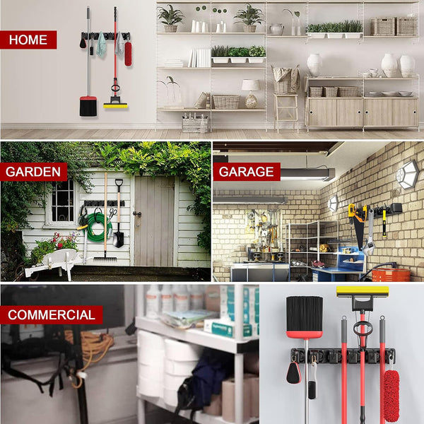 LETMY Broom Holder Wall Mount - Mop and Broom Hanger Holder - Garage Storage Rack & Garden Tool Organizer - 5 Position 6 Hooks Broom Rack for