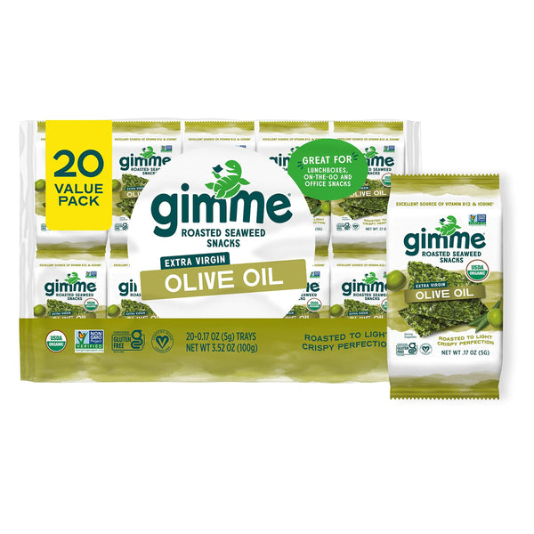 Gimme 20 CT Extra Virgin Olive Oil Organic Seaweed Snacks, 5g, 0.17oz #5 Extra Virgin Olive Oil
