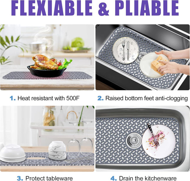 JUSTOGO Silicone Sink Protector, Non-Slip Heat Resistant Kitchen Sink Mat Grid A