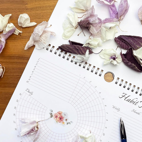 Habit Tracker Calendar (Undated 12 Month) Floral Design, Spiral Bound and Hanger, A4 Size (8,3"x11.7") Quality Heavy Paper, Monthly Habit Tracker
