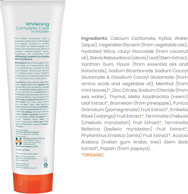 Himalaya Botanique Whitening Complete Care Toothpaste, Teeth Whitening, Fights Plaque, Fluoride Free Toothpaste, No Artificial Flavors, SLS Free,
