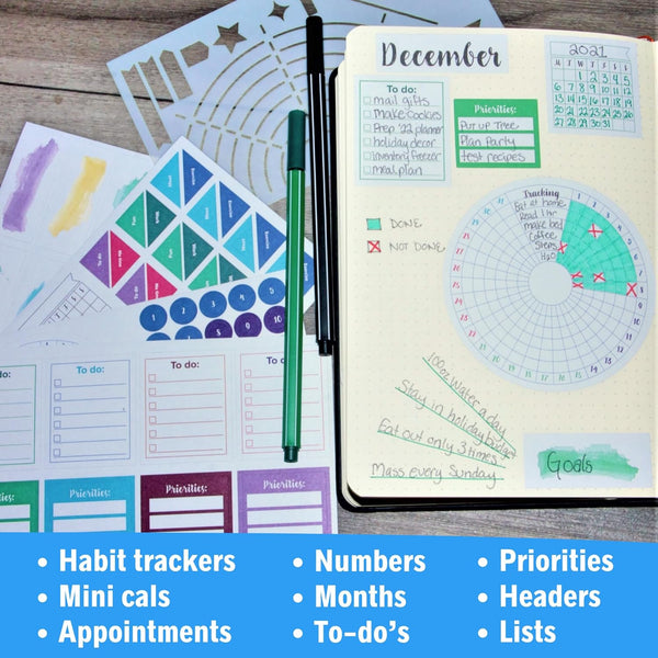 Ultimate Productivity Stencils & Stickers - X20 Sheets of Planner Stickers, X6 Stencils - Calendars, to Do Lists, Habit Trackers, Goals -
