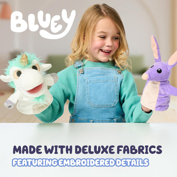 Bluey Unicorse & Bob Bilby Hand Puppet Plush Toys, 8-9”, 2-Pack | Soft deluxe fabric, embroidered details, perfect for toddler hands, imaginative