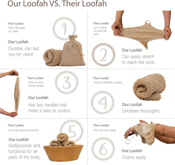 Natural Loofah Exfoliating Body Scrubber, Handmade Durable Wash Cloth, Back Scrubber with Handles for Bath and Shower, Deep Clean, Skin Care,