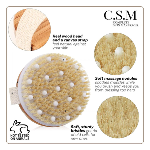 CSM Dry Body Brush - Natural Bristle Exfoliating Brush for Skin Renewal, Lymphatic Support and Circulation Boost - Sustainable Choice Dry Brushing