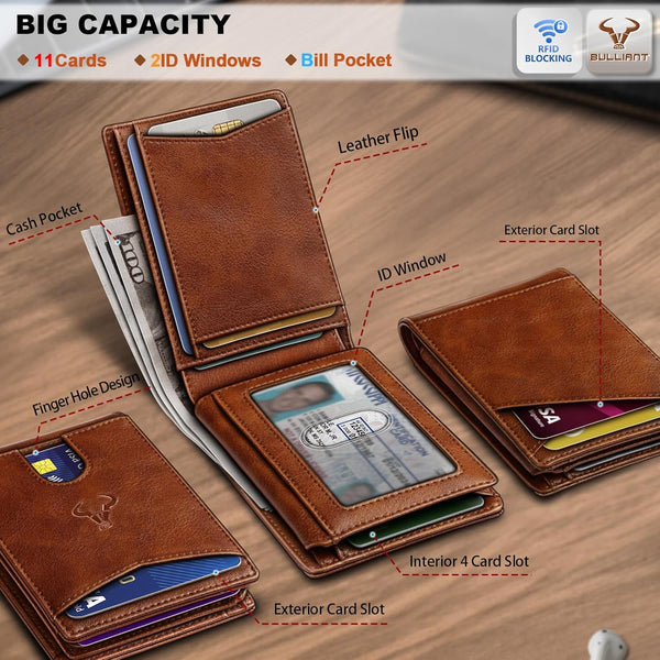 BULLIANT Men Wallet, Slim Leather Wallet Front Pocket Card Holder Gift for Men 11 Slots RFID Blocking