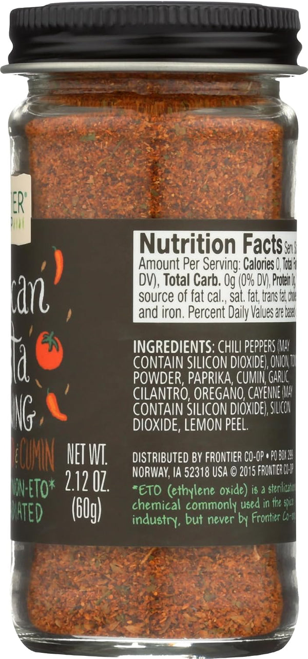 Frontier Co-op Mexican Fiesta Seasoning, 2.12-Ounce Jar, Chilis, Tomato & Cumin, Hint Of Lemon & Cilantro, Salt Free, Kosher, Non ETO 2.12 Ounce