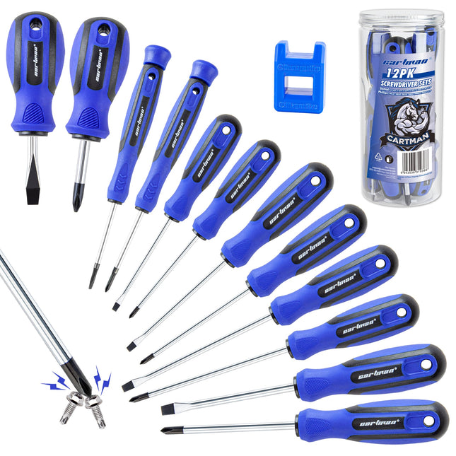 CARTMAN 12 Piece Magnetic Screwdriver Set 6 Phillips and 6 Flat Professional Cushion Grip Hand Tools Set