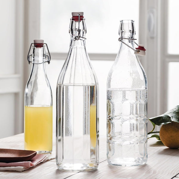 Bormioli Rocco Set of 2 Moresca Bottles, 33.75 Oz. Clear Textured Glass, with Swing Top Hermetic Lid, Leak Proof Water Bottle, Dishwasher Safe,