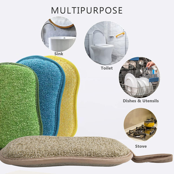 Multipurpose Kitchen Scrub Sponges, Heavy Duty Cleaning Non-Scratch Scrub Sponge, Reusable Microfiber Sponge for Household Cleaning, Random Colors