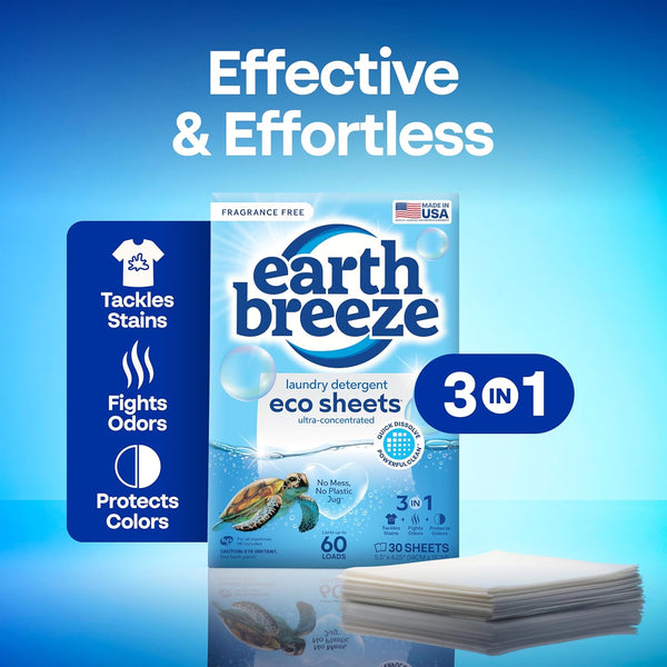 Earth Breeze Laundry Detergent Sheets Fragrance-Free - 60 Loads Eco Liquidless Soap - Travel-Friendly for Hot & Cold Cycles, Tackles Tough Stains