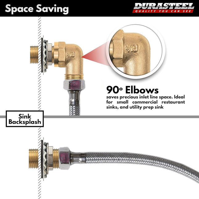 Durasteel Wall Mount Faucet 90-Degree Elbow - Commercial Kitchen Faucet Space Saving Backsplash Kit - Heavy Duty 1/2" IP