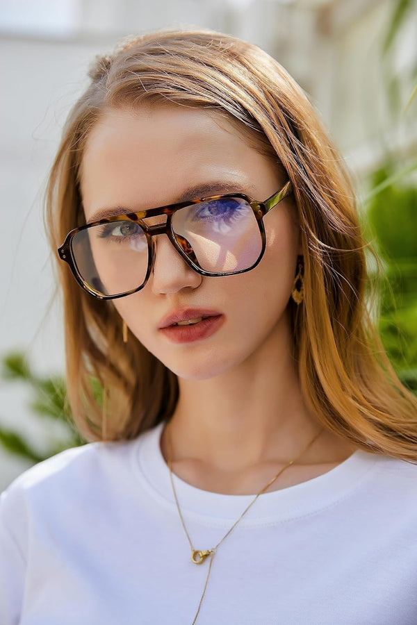 FEISEDY Blue Light Blocking Glasses Fake Nerd Clear Square Computer Lightweight Pilot Glasses Frame Oversized B2866 Leopard Frame 54 Millimeters