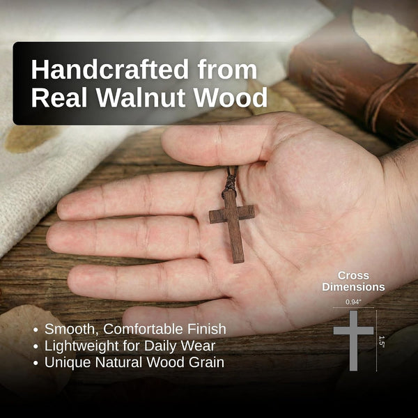 Natural Walnut Wood Cross Necklace for Men & Women - Small Wood Cross Pendant Necklace for Car Mirror - Wooden Religious Pendant Jewelry Walnut -