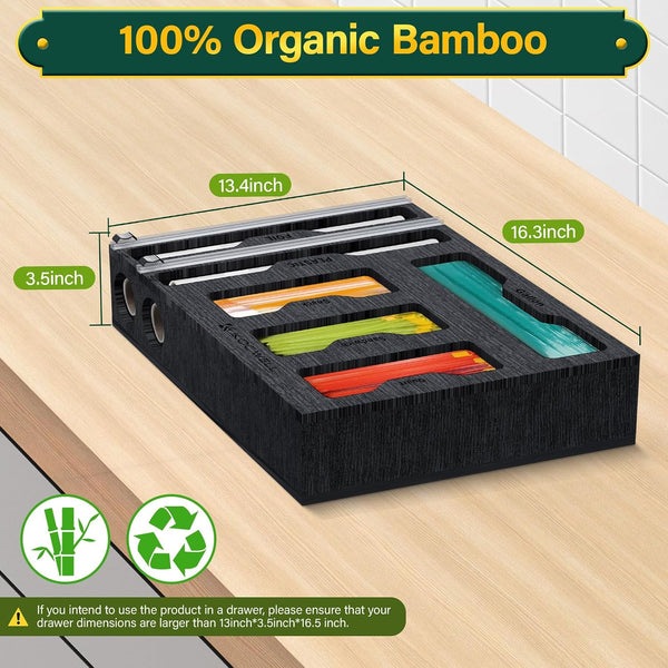 KOCWELL Bag Organizer & Plastic Wrap Dispenser with Cutter, 6 in 1 Bamboo Foil & Plastic Wrap Organizer for Kitchen, Food Storage Bag Organizer