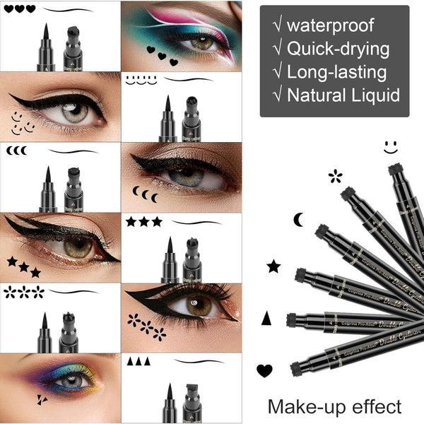 6 Pcs Double-Headed Eyeliner Stamps Set Black Liquid Eye Liner Pen with Star,Moon,Heart,Flower,Smiley,Triangle Stamp Stencils Shapes for Women