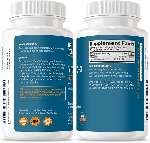 Dr. Tobias Vitamin D3 5000 IU, Essential for Healthy Bones, Teeth, and Immune System, Extra Strength Vitamin D Supplement, Non-GMO, 90 Capsules,