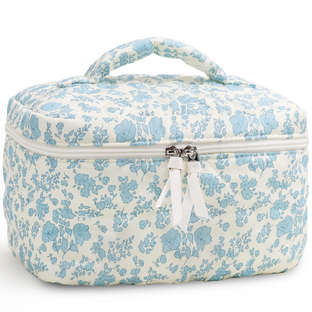 Prite Quilted Makeup Bag Travel Toiletry Organizer for Women (Blue Flower)