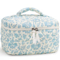 Prite Quilted Makeup Bag Travel Toiletry Organizer for Women (Blue Flower)