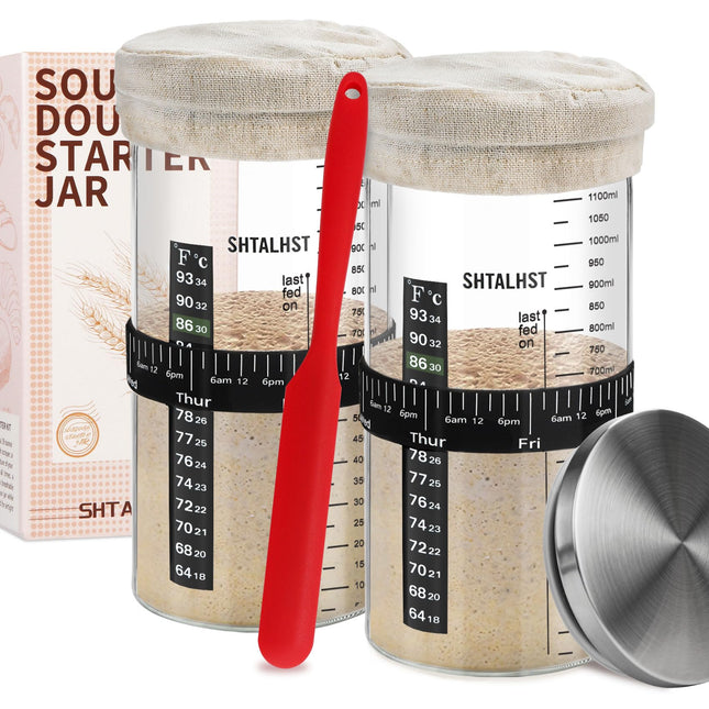 Sourdough Starter Jar Kit-1100Ml/39Oz, Sourdough Starter Kit, Sour Dough Starter Jar with Stainless Steel Lid, Thermomet