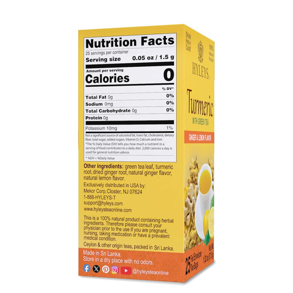 HYLEYS Turmeric Green Tea with Ginger and Lemon, Kosher, 25 Tea Bags Ginger with Lemon 25 Count (Pack of 1)