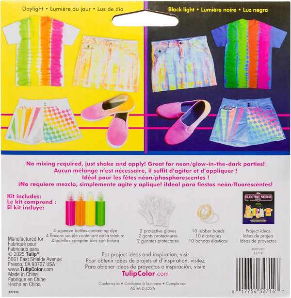 Tulip Electric Neons Tie-Dye Kit, Party Activity, Black Light Reactive Fabric Dye, Pre-mixed Green, Yellow, Orange, Pink, Easy Application &
