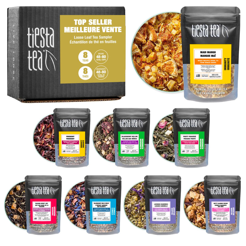 Tiesta Tea - Top 8 Favorites Sampler Set, Loose Leaf, Up to 80 Cups, High to No Caffeine, Hot & Iced, Tea Variety Pack with Green, Herbal, &