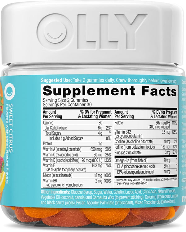 OLLY Prenatal Multivitamin Gummy, Supports Healthy Growth and Brain Development, Folic Acid, Vitamin D, Omega 3 DHA, Chewable Supplement, Citrus