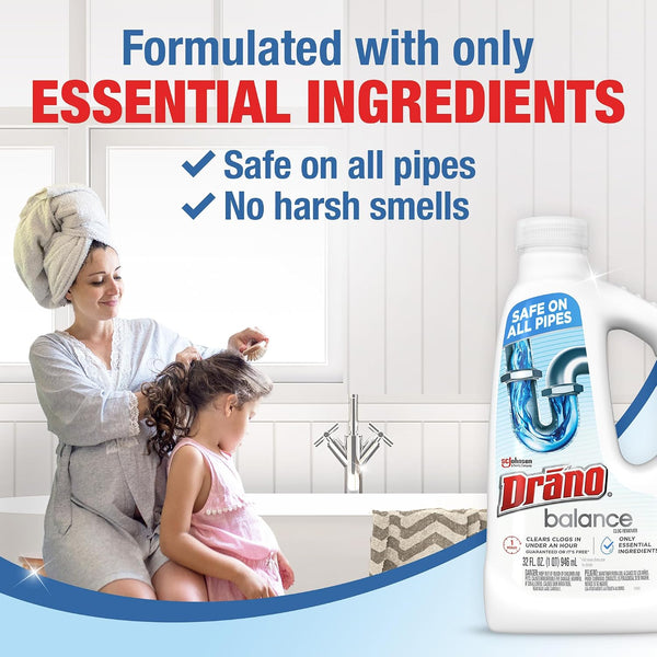 Drano Balance Drain Clog Remover and Cleaner, Non-Corrosive Formula, Safe on All Pipes and Septic Tanks, Formulated Using Only Essential