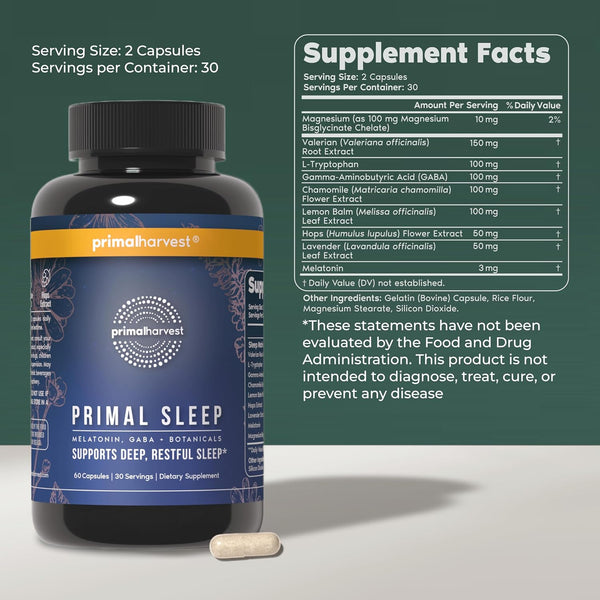 Primal Harvest Primal Sleep Support Supplement, 60 Capsules with Valerian Root, L-Tryptophan, GABA, Chamomile, and Melatonin 3Mg