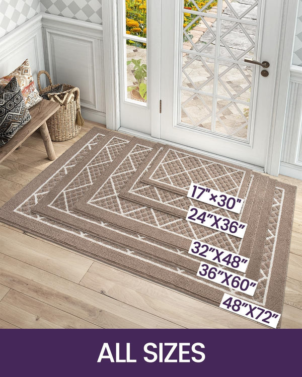 DEXI Front Door Mat Indoor Entryway 17x30 Inside Entrance Doormat Beige | Non Slip Low Profile Thin Absorbent Washable Entry Mats for House Floor,