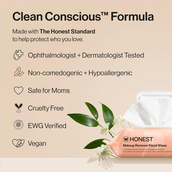 Honest Beauty Fragrance Free Cleansing Makeup Remover Facial Wipes | Plant Based, Hypoallergenic, Gentle for Sensitive Skin | 30 Count 30 Count