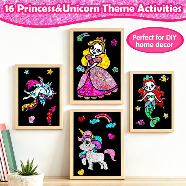 FUNNYB&G Foil Art Craft Kit for Girls 4-10 Years Old: Mess-Free & No-Glue, Create 16 Sparkly Princess Unicorn Pictures – Perfect Travel Toy &