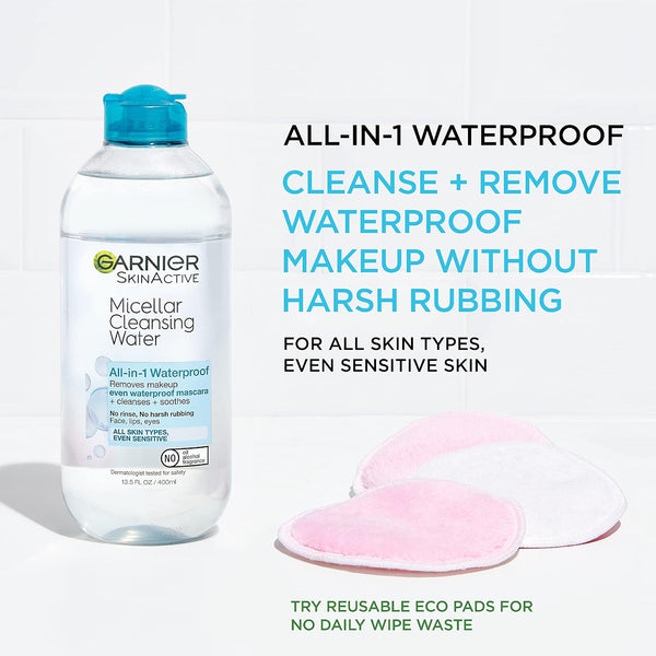 Garnier Micellar Water For Waterproof Makeup, Hydrating Facial Cleanser & Makeup Remover, Suitable for Sensitive Skin, Vegan, Cruelty Free, 13.5