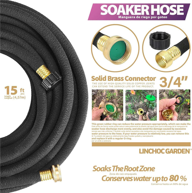 LICNCHOC GARDEN Soaker Hose 15 Ft,1/2 INCH Flexible Durable Garden Hose for Efficient Watering, Leak-Proof Design 100% R