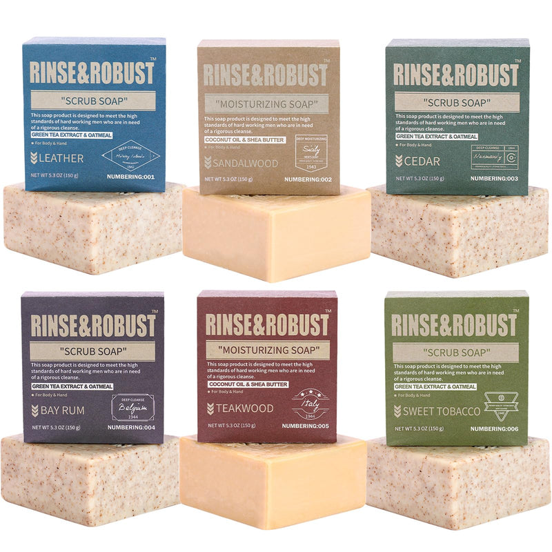 Rinse & Robust Mens Bar Soap 6Pcs Cleansing All Natural Handmade Mens Moisturizing&Exfoliating Oatmeal Scrub Soap Gift for Men Body&Hand All Skin