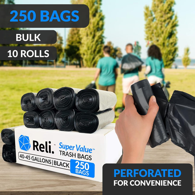 Reli. 40 to 45 Gallon Trash Bags Heavy Duty | 250 Trash Bags | Super Sizeable, B