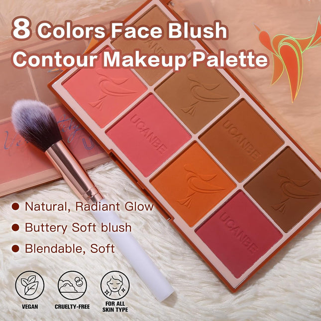 8 Colors Face Matte Blush Palette Shading Blusher with Brush - Buildable Facial Cheek Blusher Contour Bronzing Pressed P