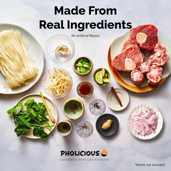 PhoLicious Instant Beef Pho, Authentic Vietnamese Rice Noodle Soup Kit with Spices & Broth Mix, Ramen Noodles Alternative, Quick Microwave Meal -