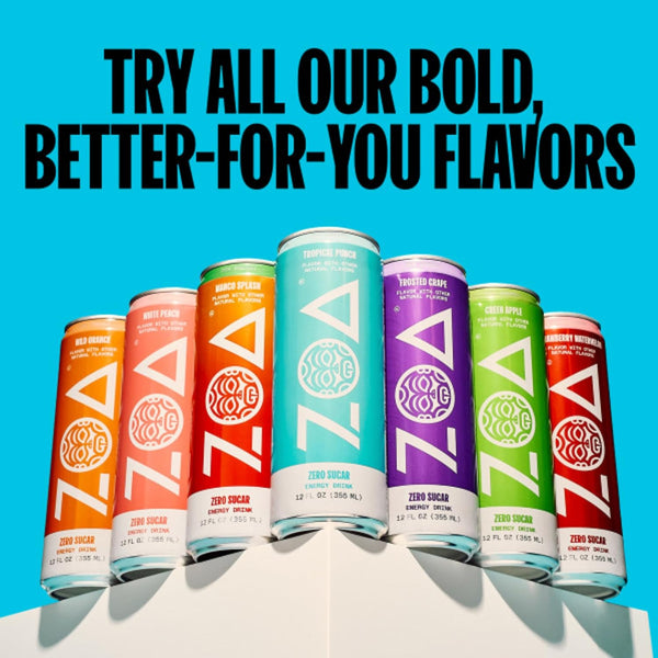 ZOA Zero Sugar Energy Drinks - Frosted Grape | Healthy Energy Formula with Natural Caffeine, Daily Vitamin C, Essential B-Vitamins | Gluten-Free,