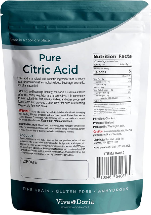 Viva Doria 100% Pure Citric Acid, Food Grade, Fine Grain, 2 lb (907 g) 2 Pound (Pack of 1)