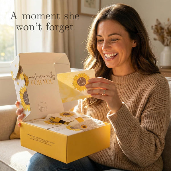 The Love Crate Co Sunflower Gifts for Women, Sunshine Gift Box | 15-Piece Gift-Ready Care Package with Blanket, Glass Tumbler & Spa Gifts for